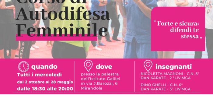 RIPARTE IL CORSO DI AUTODIFESA FEMMINILE. APERTE LE ISCRIZIONI: SEMPRE GRATUITO E RIVOLTO ALLE DONNE RESIDENTI A MIRANDOLA E NEI COMUNI DELL’AREA NORD